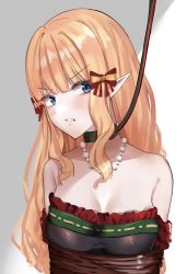 1girl bad_id bad_twitter_id black_bow blonde_hair blue_eyes blunt_bangs blush bound bow breasts choker elf hair_bow hair_ornament highres large_breasts leash long_hair pointy_ears princess_connect! saren_(christmas)_(princess_connect!) saren_(princess_connect!) solo tied_up viewer_holding_leash yasushi_(n0t_0t4ku) rating:Sensitive score:11 user:danbooru