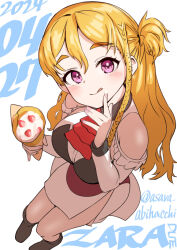  1girl asava_(hutaitenn) ascot black_footwear blonde_hair breasts character_name cream crepe dated food food_wrapper from_above fruit hair_between_eyes highres holding holding_food kantai_collection long_hair looking_at_viewer off_shoulder purple_eyes red_ascot smile solo strawberry tongue tongue_out twitter_username zara_(kancolle) 