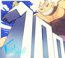  &gt;_&lt; 1boy abs closed_eyes commentary english_commentary gear_fifth highres male_focus monkey_d._luffy numbered one_piece pectorals purple_sash sash scar scar_on_chest scar_on_face short_hair sky smile solo spoilers taku_(aywakutakuay) thank_you thick_eyebrows topless white_hair 