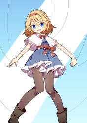  1girl :d alice_margatroid black_pantyhose blonde_hair blue_background blue_eyes brown_footwear capelet commentary_request hairband hekkmushi highres looking_at_viewer open_mouth pantyhose red_hairband short_hair smile solo touhou two-tone_background white_background white_capelet 