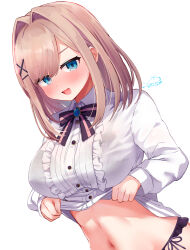  1girl :d arched_back black_bow black_bowtie black_bra blue_brooch blue_eyes blush bow bowtie bra bra_peek breasts brown_hair buttons center_frills clothes_lift collared_shirt festa11307070 frilled_shirt frills large_breasts lifted_by_self long_sleeves looking_at_viewer medium_hair nijisanji open_mouth pink_bow pink_bowtie shirt shirt_lift simple_background smile solo suzuhara_lulu suzuhara_lulu_(1st_costume) tongue underwear virtual_youtuber white_background white_shirt 
