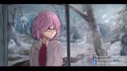  coat fate/grand_order fate_(series) glasses highres mash_kyrielight necktie pink_hair pupper-o snow window  rating:Sensitive score:2 user:Vicbauss_
