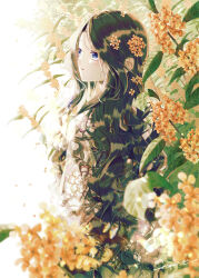  1girl absurdres black_hair blue_eyes blurry depth_of_field floral_print flower from_behind gold_osmanthus hair_flower hair_ornament highres japanese_clothes kimono leaf long_hair long_sleeves looking_to_the_side orange_flower original osmanthus parted_bangs parted_lips seikai_meguru signature solo tree upper_body wavy_hair white_background white_kimono 