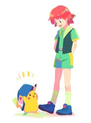 1boy arms_behind_back baseball_cap belt belt_buckle blue_eyes blue_footwear blue_headwear buckle clothed_pokemon commentary_request creatures_(company) game_freak gen_1_pokemon green_legwear green_shirt green_shorts hat itome_(funori1) knees looking_down male_focus nintendo open_mouth pikachu pokemon pokemon_(anime) pokemon_(classic_anime) pokemon_(creature) ritchie_(pokemon) shirt shoes short_hair shorts simple_background smile socks sparky_(pokemon) standing white_background zipper_pull_tab