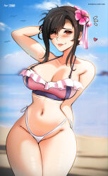  1girl absurdres alternate_costume arm_behind_head arm_up bare_arms beach bikini black_hair blurry blurry_background blush breasts cleavage closed_mouth collarbone cowboy_shot final_fantasy final_fantasy_vii flower frilled_bikini frills groin hair_flower hair_ornament hibiscus highleg highleg_bikini highres large_breasts legs_together lips long_hair looking_at_viewer mystyhw navel official_alternate_hairstyle outdoors paid_reward_available patreon_username red_eyes side-tie_bikini_bottom smile solo swimsuit thick_thighs thighs tifa_lockhart watermark web_address 