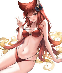  1girl ;d animal_ears anthuria bikini black_ribbon breasts commentary_request erune granblue_fantasy highres koretsuki_azuma looking_at_viewer medium_breasts navel one_eye_closed open_mouth red_bikini red_eyes red_hair ribbon simple_background smile solo swimsuit v white_background 