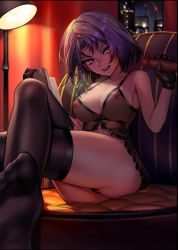  1girl as109 black_thighhighs book breasts censored covered_erect_nipples crossed_legs curtains dark_penis feet gloved_handjob gloves handjob highres indoors lamp large_breasts leather leather_gloves legs lingerie long_legs m.a.d_mafia_is_all_dead mosaic_censoring night night_sky nipples no_shoes panties penis purple_hair red_eyes see-through short_hair sitting sky solo solo_focus thick_thighs thighhighs thighs underwear  rating:Explicit score:179 user:danbooru