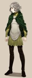  1boy absurdres bags_under_eyes black_eyes boots cloak dungeon_meshi elf full_body gorget green_cloak grey_hair highres hood hooded_cloak long_sleeves looking_to_the_side male_focus mithrun notched_ear p_(pm_611a) pointy_ears shirt short_hair simple_background solo standing thigh_boots tunic wavy_hair 