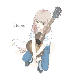  1girl absurdres acoustic_guitar animal bird black_footwear blue_pants brown_hair denim english_text from_above full_body green_eyes guitar highres holding holding_instrument instrument invisible_chair jeans miko35 original pants parrot parted_lips shirt sitting solo white_shirt 