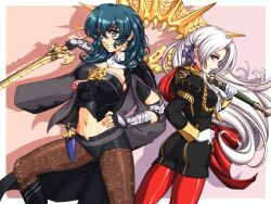 2girls ass blue_eyes breasts byleth_(female)_(fire_emblem) byleth_(fire_emblem) cape cleavage edelgard_von_hresvelg fingerless_gloves fire_emblem fire_emblem:_three_houses gloves green_hair grey_hair hand_on_own_hip highres large_breasts legs long_hair looking_at_viewer looking_back medium_breasts midriff multiple_girls navel nintendo pantyhose parted_lips purple_eyes retro_artstyle shorts sideboob sirknightbot smile sword thighs weapon