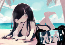  1girl aria_wintermint ass beach bikini black_bikini black_hair breasts butt_crack cellphone cleavage embarrassed feet green_eyes hand_on_own_face large_breasts long_hair lying on_stomach parororo phone sand smartphone swimsuit taking_picture tearing_up tentacles  rating:Sensitive score:13 user:LimeSlime