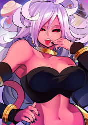  1girl absurdres ahegao android_21 armpits bikini black_bikini breasts colored_skin cupcake dragon_ball dragon_ball_fighterz dragon_ball_super female_pervert food highres large_breasts long_hair majin_android_21 pervert pink_skin presenting red_eyes sexually_suggestive solo solo_focus swimsuit white_hair  rating:Questionable score:9 user:AhegaopA