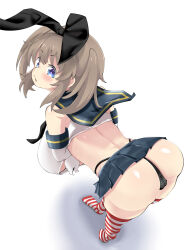  1girl animal_ears ass black_panties blue_eyes blush breasts cosplay crop_top elbow_gloves fake_animal_ears from_above from_behind gloves hanging_breasts kantai_collection large_breasts leaning_forward light_brown_hair looking_back medium_hair microskirt midriff minori_(senran_kagura) nagashima_(nagatol) panties rabbit_ears sailor_collar senran_kagura senran_kagura_shinovi_versus shimakaze_(kancolle) shimakaze_(kancolle)_(cosplay) simple_background skirt solo striped_clothes striped_thighhighs thighhighs twintails underboob underwear whale_tail_(clothing) white_background white_gloves 