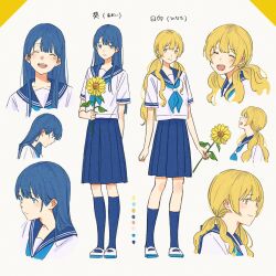  2girls ^_^ ado_(utaite) aoi_(ado) blonde_hair blue_eyes blue_hair blue_neckerchief blue_sailor_collar blue_skirt blue_socks blush character_name character_sheet closed_eyes closed_mouth cloud_nine_inc collarbone commentary_request cropped_torso flower full_body highres himawari_(ado) hinata_(ado) holding holding_flower kneehighs long_hair low_twintails mele_ck multiple_girls neckerchief open_mouth pleated_skirt sailor_collar school_uniform serafuku shirt short_sleeves skirt smile socks sunflower teeth translated twintails upper_body upper_teeth_only white_background white_footwear white_shirt yellow_eyes 