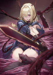  1girl absurdres armor black_dress blue_cape breasts brown_dust_2 cape cleavage demon_horns dress entangled eyebrows_hidden_by_hair feet_out_of_frame gauntlets greaves hair_over_one_eye highres holding holding_sword holding_weapon horns justia_(brown_dust) knees_together_feet_apart kudo_udon large_breasts looking_at_viewer medium_hair open_mouth plant red_eyes sitting small_horns solo sword vines weapon 