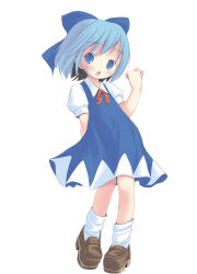  1girl absurdres arm_behind_back blue_bow blue_dress blue_eyes blue_hair bow brown_footwear cirno dress full_body hair_bow hand_up highres loafers looking_at_viewer loose_socks neck_ribbon pop_(electromagneticwave) red_ribbon ribbon shirt shoes short_hair short_sleeves simple_background socks solo touhou white_background white_shirt white_socks 