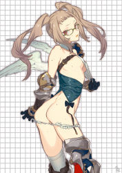  1girl armor armored_boots ass asymmetrical_clothes bare_shoulders boots breasts brown_hair fur_trim gauntlets glasses lipstick long_hair looking_at_viewer looking_back makeup no_bra panties red_eyes rururara shoulder_armor sideboob small_breasts solo pauldrons thigh_boots thighhighs twintails underwear undressing wings  rating:Questionable score:13 user:danbooru