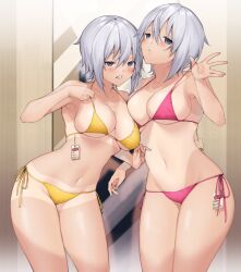  2girls bikini breasts cleavage collarbone commentary_request fitting_room grey_hair hair_between_eyes halterneck indoors itohana legs_apart legs_together looking_at_viewer medium_breasts mirror multiple_girls navel one-piece_tan open_mouth original parted_lips pink_bikini price_tag purple_eyes short_hair siblings side-tie_bikini_bottom standing stomach strap_pull swimsuit tan tanline trying_on_clothes twins yellow_bikini 