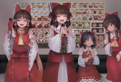 4girls ascot benikurage_(cookie) black_hair blush bow breasts brown_eyes brown_hair closed_eyes closed_mouth collared_shirt commentary_request cookie_(touhou) couch detached_sleeves dress feet_out_of_frame frilled_bow frilled_hair_tubes frilled_shirt_collar frills hair_bow hair_tubes hakurei_reimu holding holding_microphone ichiba_youichi instrument kanna_(cookie) long_hair looking_at_another medium_breasts medium_hair microphone mittens multiple_girls open_mouth orange_scarf parted_lips partial_commentary pink_scarf red_bow red_dress red_eyes red_mittens red_shirt red_skirt reu_(cookie) revision ribbon-trimmed_sleeves ribbon_trim sananana_(cookie) scarf shirt short_hair sitting skirt skirt_set sleeveless sleeveless_dress sleeveless_shirt smile striped_clothes striped_scarf syamu_game tambourine touhou translation_request white_sleeves wide_sleeves yellow_ascot
