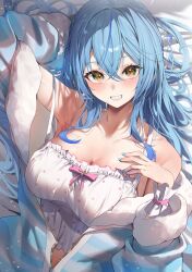  1girl absurdres ahoge arm_behind_head armpits bare_shoulders blue_hair blue_jacket blush breasts camisole cleavage collarbone grin hashtag-only_commentary heart heart_ahoge highres hololive jacket large_breasts long_sleeves looking_at_viewer off_shoulder on_bed panda_0035 partially_unzipped polka_dot_camisole puffy_long_sleeves puffy_sleeves smile solo strap_slip striped_clothes striped_jacket upper_body virtual_youtuber white_camisole white_stripes yellow_eyes yukihana_lamy yukihana_lamy_(loungewear)  rating:Sensitive score:18 user:danbooru