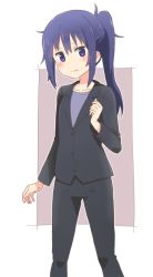  1girl black_pants blush commentary drawfag english_commentary formal hand_up highres himouto!_umaru-chan long_hair long_sleeves looking_at_viewer motoba_kirie official_style pants ponytail purple_eyes sidelocks simple_background standing suit 
