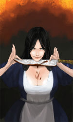  1girl alice:_madness_returns alice_(alice_in_wonderland) alice_in_wonderland alice_liddell_(american_mcgee&#039;s_alice) american_mcgee&#039;s_alice american_mcgee's_alice black_hair blood breasts cleavage dress female_focus gradient_background green_eyes knife long_hair solo vorpal_blade youhey 