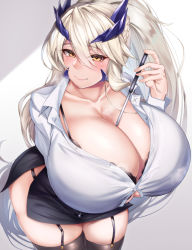 1girl artoria_pendragon_(fate) artoria_pendragon_(lancer_alter)_(fate) baton conductor_baton between_breasts black_bra black_skirt black_thighhighs blonde_hair blouse blush bra bra_peek breasts breath bursting_breasts buttons cleavage clothing_cutout fate/grand_order fate_(series) female_focus garter_straps hirasawa_seiji horns huge_breasts looking_at_viewer mature_female miniskirt platinum_blonde_hair sexually_suggestive shiny_clothes shiny_skin shirt side_cutout simple_background skindentation skirt smile solo teacher thick_thighs thighhighs thighs underwear white_shirt yellow_eyes rating:Questionable score:198 user:danbooru