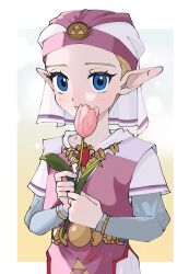  1girl absurdres blonde_hair blue_eyes blue_sleeves blush border brooch closed_mouth commentary dress flower highres holding holding_flower jewelry long_sleeves looking_at_viewer nintendo outside_border pink_dress pink_flower pink_tulip pointy_ears princess_zelda puffy_long_sleeves puffy_sleeves solo symbol-only_commentary the_legend_of_zelda the_legend_of_zelda:_ocarina_of_time triforce tulip two-tone_dress upper_body white_border white_dress white_headdress yamori_(yamoooon21) yellow_background young_zelda 