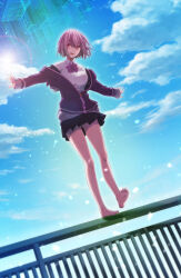  1girl balancing barefoot blue_sky bow bowtie cloud collared_shirt commentary_request full_body gridman_universe highres jacket looking_at_viewer miniskirt open_mouth orange_eyes outdoors outstretched_arms pink_hair pleated_skirt railing shinjou_akane shirt short_hair skirt sky smile soles solo spread_arms ssss.gridman toes ueda_metawo 