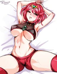 1girl arms_up bed bed_sheet bikini blush breasts earrings gem hair_ornament headpiece jewelry large_breasts lying matching_hair/eyes mina_cream naughty_face navel nintendo open_mouth pervert pyra_(xenoblade) red_eyes red_hair red_shorts short_hair short_shorts shorts solo swept_bangs swimsuit teeth underboob xenoblade_chronicles_(series) xenoblade_chronicles_2 rating:Questionable score:40 user:darkmetaknight9