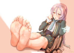  1girl aiou_akahiko arm_support barefoot blush boots unworn_boots braid braided_ponytail clorica_(rune_factory) commentary_request commission embarrassed feet feet_together foot_focus foreshortening gold_trim green_jacket green_pants hair_between_eyes hand_on_own_face highres jacket juliet_sleeves leaning_back legs_together long_sleeves looking_at_viewer necktie open_mouth orange_eyes pants pixiv_commission puffy_sleeves purple_hair rune_factory rune_factory_4 shadow shiny_clothes shiny_skin sidelocks sitting soles solo toes  rating:Sensitive score:48 user:danbooru