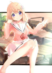  1girl absurdres bare_legs blush brown_hair closed_mouth gochuumon_wa_usagi_desu_ka? hair_ornament highres hoto_cocoa looking_at_viewer outstretched_arms purple_eyes school_uniform sitting smile spread_arms  rating:Sensitive score:2 user:shuri000