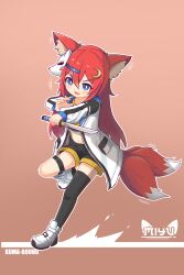  1girl absurdres animal_ear_fluff animal_ears artist_name black_shorts black_thighhighs blue_eyes bright_pupils brown_background coat commentary_request commission crescent crescent_hair_ornament dot_nose fang fox_ears fox_girl fox_mask full_body hair_ornament highres holding holding_sword holding_weapon kuma-bound long_hair mask multiple_tails navel open_clothes open_coat open_mouth original pixiv_commission red_hair shoes shorts simple_background single_thighhigh solo sword tail thighhighs unworn_mask weapon white_coat white_footwear white_pupils 