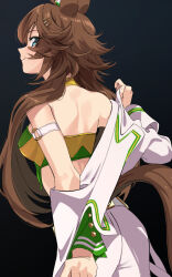  1girl animal_ears arm_strap ass bare_back bare_shoulders black_background blue_eyes brown_hair commentary cowboy_shot green_shirt hair_ornament hairclip horse_ears jacket long_hair looking_at_viewer midriff misu_kasumi mr._c.b._(umamusume) pants shirt simple_background smile solo standing strapless strapless_shirt umamusume very_long_hair white_jacket white_pants 