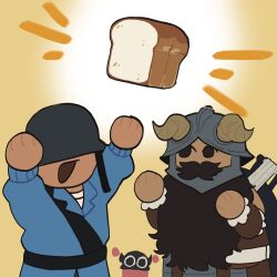  2boys :d arms_up beard blu_soldier_(tf2) bread cheering covered_eyes cowboy_shot crossover deformed dungeon_meshi dwarf facial_hair fake_horns food helmet helmet_over_eyes highres horned_helmet horns loaf_of_bread long_beard male_focus multiple_boys open_mouth senshi_(dungeon_meshi) smile soldier_(tf2) solid_circle_eyes standing team_fortress_2 terrax_art thick_mustache trait_connection very_long_beard 
