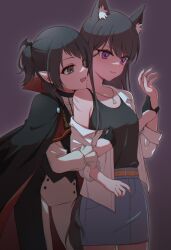  2girls animal_ears bang_dream! bang_dream!_it&#039;s_mygo!!!!! belt bite_mark bite_mark_on_neck black_cape black_gloves black_hair black_pants black_tank_top blood blood_from_mouth blue_eyes blue_skirt brown_hair cape cowboy_shot denim denim_skirt fangs gloves grey_background half_gloves halloween highres holding_another&#039;s_wrist jewelry kemonomimi_mode long_hair long_sleeves mole mole_under_eye multiple_girls necklace open_clothes open_shirt pants parted_lips pointy_ears ponytail purple_eyes scar scar_on_arm shiina_taki shirt skirt tail tank_top two-tone_pants vampire white_pants white_shirt wolf_ears wolf_girl wolf_tail yahata_umiri yuri zizoumiao 