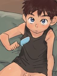  1boy blue_eyes bottomless couch food garyco male_focus original penis popsicle short_hair shota sitting solo tank_top testicles 