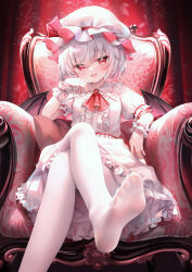 1girl :d breasts chen_bin demon_wings dress eyebrows_hidden_by_hair feet foot_focus gothic_lolita leggings lolita_fashion looking_at_viewer no_shoes open_mouth pantyhose red_eyes remilia_scarlet see-through sitting small_breasts smile soles solo touhou white_dress white_hair white_leggings wings rating:Sensitive score:38 user:felyne2077