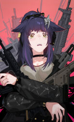  1girl arknights assault_rifle black_jacket breasts choker crying crying_with_eyes_open green_eyes grey_shirt gun hair_intakes headset highres holding holding_gun holding_weapon hugging_object jacket jessica_(arknights) jessica_the_liberated_(arknights) long_hair long_sleeves looking_at_viewer open_mouth pink_background ponytail purple_hair raised_eyebrows raneblu rifle shirt small_breasts solo submachine_gun tears upper_body weapon 
