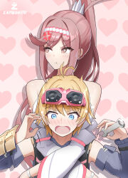  1boy 1girl absurdres ahoge anger_vein artist_name blonde_hair blue_eyes blush brown_eyes commentary detached_sleeves english_commentary glimmer_(xenoblade) glint goggles goggles_on_head hair_intakes heart heart_background high_ponytail highres holding holding_wrench hug looking_to_the_side nikol_(xenoblade) open_mouth pink_background pout red_hair simple_background twitter_username v-shaped_eyebrows white_sleeves wrench xenoblade_chronicles_(series) xenoblade_chronicles_3 xenoblade_chronicles_3:_future_redeemed zambonito 