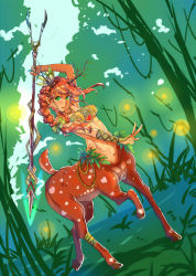  1girl abs aiushtha blush braid breasts brown_hair centaur dota_(series) dota_2 enchantress_(dota) enchantress_(dota_2) forest green_eyes groin highres horns inverted_nipples large_breasts monster_girl nature navel nipples polearm see-through smile spear taur weapon  rating:Questionable score:31 user:rules97