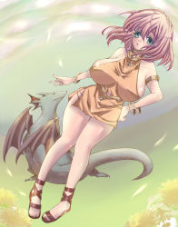  1990s_(style) 1girl armband armlet blue_eyes bracelet breasts dragon female_focus final_fantasy final_fantasy_v full_body halterneck halterneck hands_on_own_hips highres huge_breasts jewelry lenna_charlotte_tycoon lots_of_jewelry mimi5627 nature outdoors pink_hair sandals short_hair sideboob sky solo 