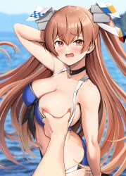  1girl 1other arm_behind_head bikini black_gloves blue_bikini blue_sky blush breasts brown_eyes choker cleavage collarbone cowboy_shot day embarrassed gloves grabbing grabbing_another&#039;s_breast hair_ornament hair_ribbon highres ichikawa_feesu johnston_(kancolle) johnston_kai_(swimsuit_mode)_(kancolle) kantai_collection large_breasts light_brown_hair long_hair looking_at_viewer meme navel ocean official_alternate_costume open_mouth outdoors ribbon sand single_glove sky solo_focus swimsuit two_side_up water 