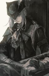  1girl arm_rest ascot blood blood_on_clothes blood_on_face bloodborne coat collared_coat commentary english_commentary expressionless gloves greyscale hair_over_shoulder hat hat_over_one_eye highres lady_maria_of_the_astral_clocktower looking_at_viewer low_ponytail medium_hair monochrome one_eye_covered own_hands_together parted_lips ponytail ramiica solo tricorne upper_body 
