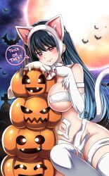  1girl animal_ears animal_hands bare_shoulders bat_(animal) black_hair blush breasts cat_ears cat_tail claws cleavage cosplay felicia_(vampire) felicia_(vampire)_(cosplay) hairband halloween highres jack-o&#039;-lantern large_breasts long_hair looking_at_viewer maroonabyss navel pumpkin red_eyes solo spy_x_family tail thighhighs trick_or_treat vampire_(game) white_fur yor_briar 