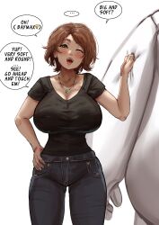  1girl absurdres baymax big_hero_6 blush breasts brown_hair cass_hamada english_text green_eyes hand_on_own_hip hh_(hehexd06161704) highres jewelry large_breasts mature_female necklace one_eye_closed open_mouth out_of_frame pants robot shirt short_hair speech_bubble 