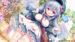  1girl :d angelic_link animal apron bag bird blue_flower blue_hat blue_jacket blue_ribbon blue_skirt blurry blurry_background bow braid breasts cabbie_hat character_request collared_shirt commentary_request day depth_of_field dutch_angle envelope feathered_wings flower frilled_apron frills garter_straps grey_hair hair_between_eyes hair_bow hands_up hat jacket juliet_sleeves large_breasts long_hair long_sleeves mouth_hold neck_ribbon official_art open_mouth orange_flower outdoors petals pink_flower puffy_sleeves purple_flower red_bow red_eyes red_flower ribbon ringlets see-through shirt shoulder_bag skirt smile solo thighhighs usashiro_mani very_long_hair waist_apron white_apron white_shirt white_thighhighs white_wings wide_sleeves wings 