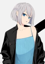  1girl black_jacket blue_eyes blue_shirt camisole collarbone flat_chest grey_hair jacket looking_at_viewer mee_(sohin) off_shoulder open_clothes open_jacket open_mouth original pointy_ears shirt short_hair sidelocks signature single_bare_shoulder slit_pupils sohin solo teardrop_facial_mark thick_eyebrows upper_body 