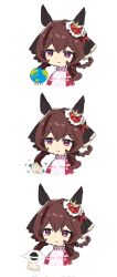  1girl animal_ears black_hole brown_hair closed_mouth crushing ear_covers earth_(planet) gentildonna_(umamusume) hair_rings highres horse_ears jacket long_hair moru_(monaka) pink_eyes planet red_jacket sequential solo track_jacket umamusume white_background 