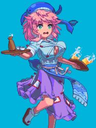  1girl animal_hat blue_background breasts choko_(cup) cleavage cup green_hair hat holding holding_tray large_breasts messy_hair okunoda_miyoi open_mouth pink_hair pixel_art potemki11 purple_skirt short_sleeves skirt solo tokkuri touhou tray whale_hat 